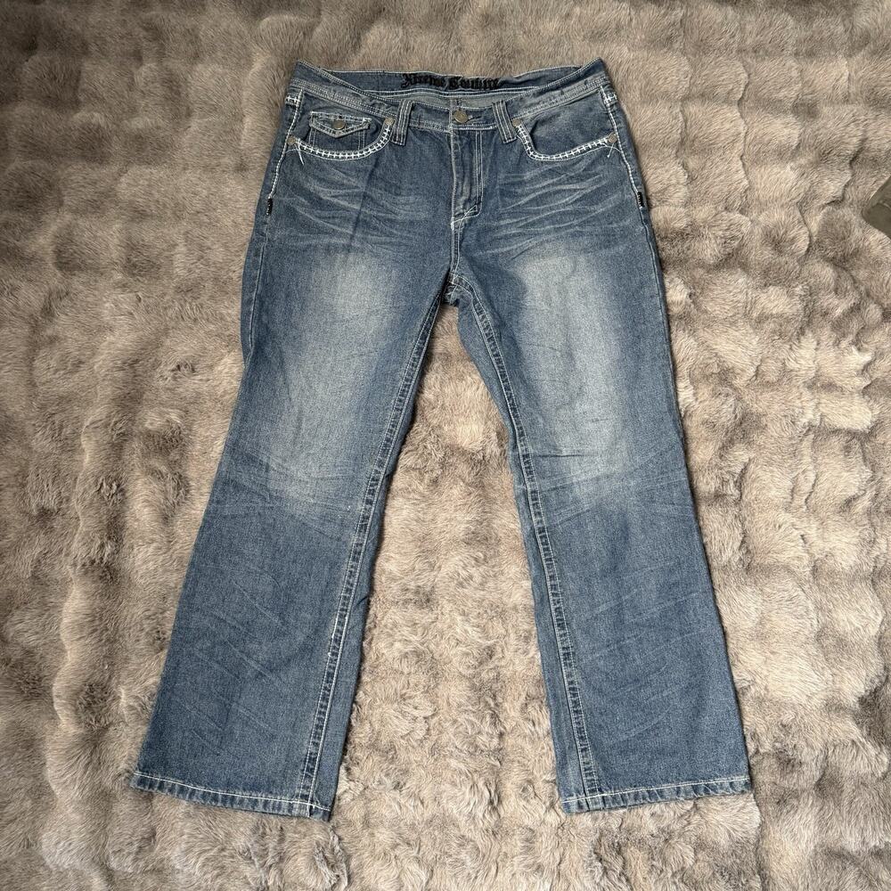 Xtreme Couture Mens 36x30 Blue Denim Straight Leg Flap Pocket Y2K Jeans